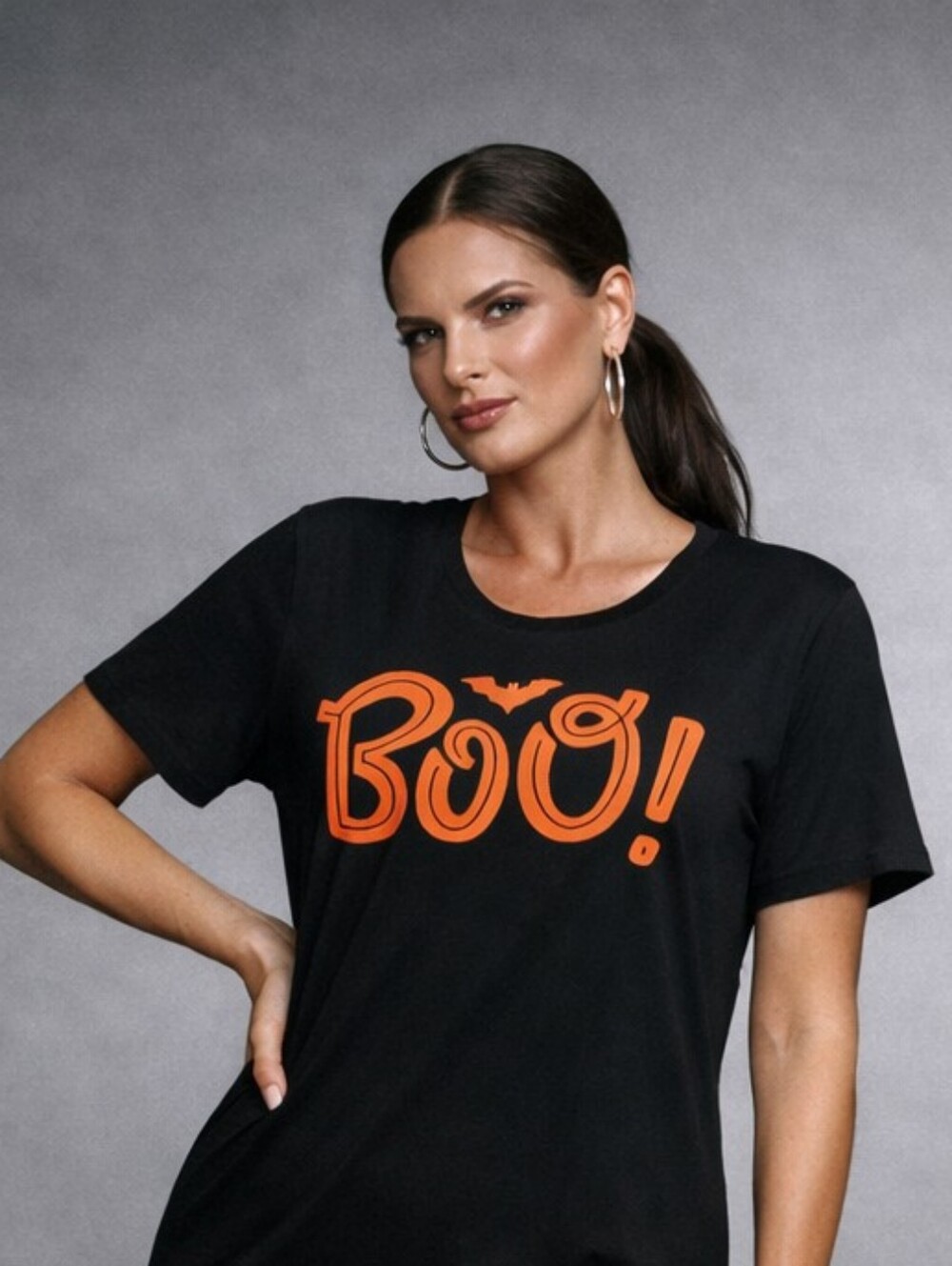 Celebrate It Black Tee with Orange "BOO!" Graphic